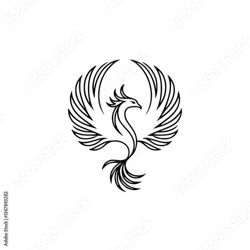 Minimalist Phoenix Logo - Black Outline, Rising, Symbol of Rebirth