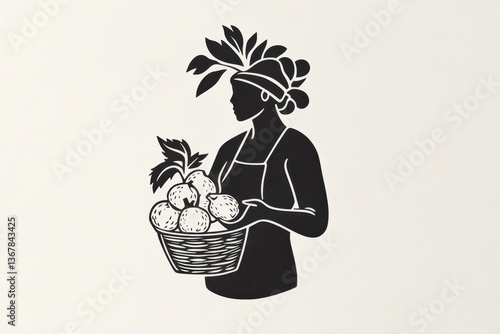Minimalist Black and White Logo Woman Farmer with Basket of Fruit