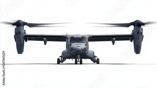 Front view of a military tiltrotor aircraft with rotors in hover position against a clear sky.