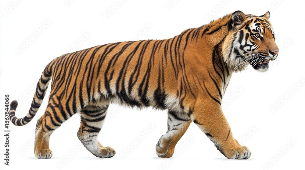 Fototapeta premium Majestic tiger walking gracefully against a bright white background.