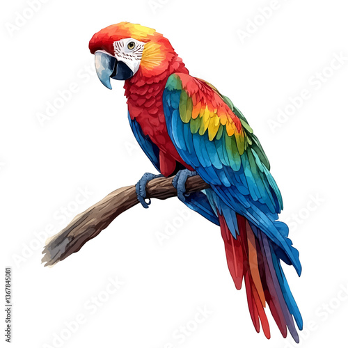 A watercolor painting of a macaw, isolated on a white background. Macaw vector.

