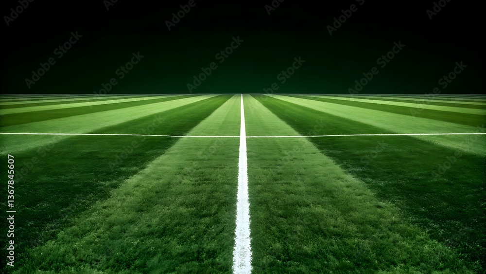 Obraz premium Lush green soccer football cricket rugby baseball field with precise white centerlines, illuminated by subtle lighting, offering a clean and dramatic view of the sport's arena