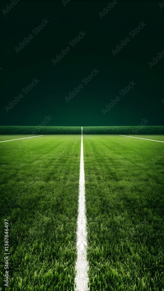 Obraz premium Green football pitch with bright white lines, showcasing a symmetrical design and a dramatic contrast with the dark sky in a minimalist style