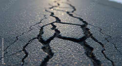 Cracked Asphalt Road Surface Exhibiting Damage from Frost Heave and Weathering