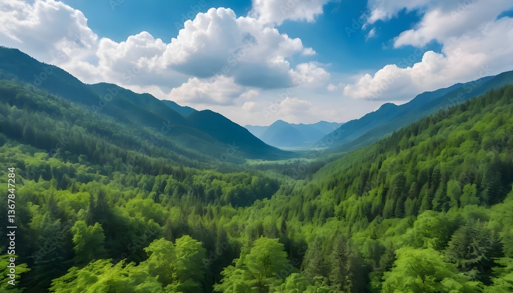 Obraz premium Beautiful natural scenery with expanse of green forest and vast mountains as the background.
