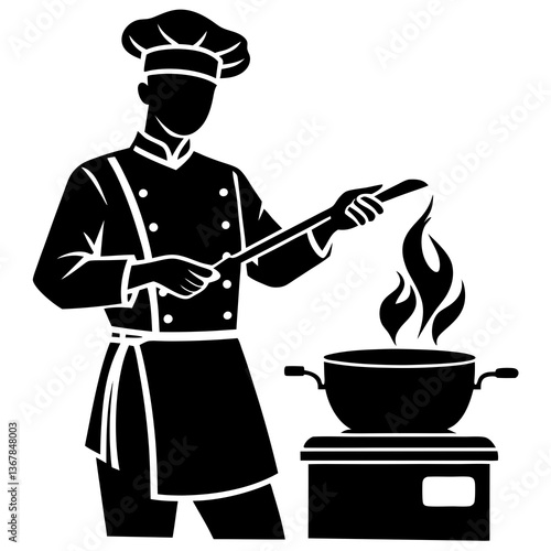A silhouette of a chef cooking on a stove with steam rising from the pot