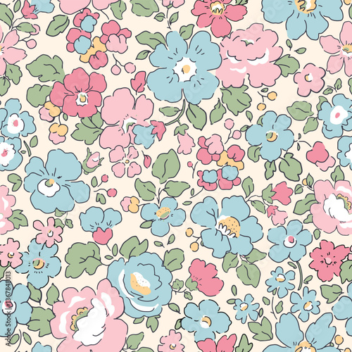 Liberty vector seamless pattern. Millefleurs Elegant hand drawn floral pattern with small flowers