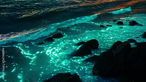 Wallpaper Mural Enchanting Evening Ocean Waves with Glowing Foam Against Rocky Shoreline at Twilight Hours Torontodigital.ca
