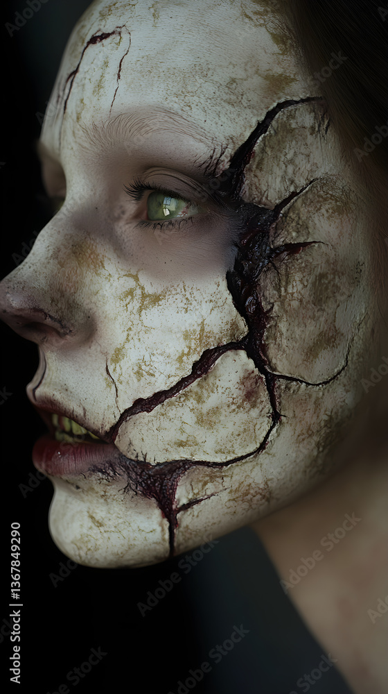 Fototapeta premium Hauntingly Detailed Zombified Makeup: A Masterful Transformation into the Undead
