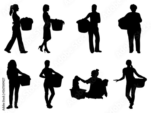 Set of Female House Wife with Clothes Basket Silhouette in various poses isolated on white background