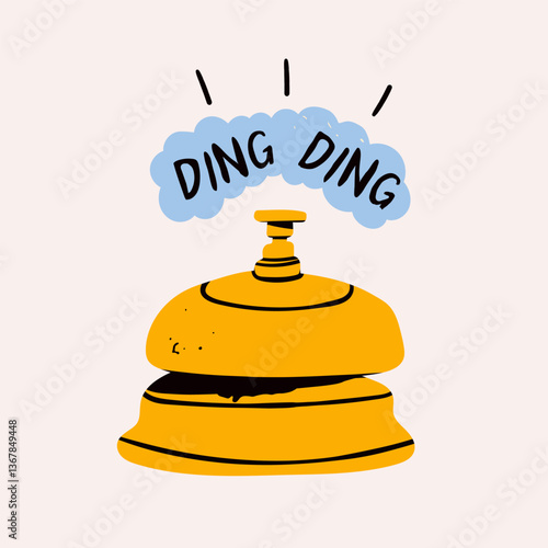 Service bell. Golden call bell. Ding ding text. Hand drawn modern Vector illustration. Isolated design element. Hotel reception, check in, counter desk, ringing calling for assistance concept 