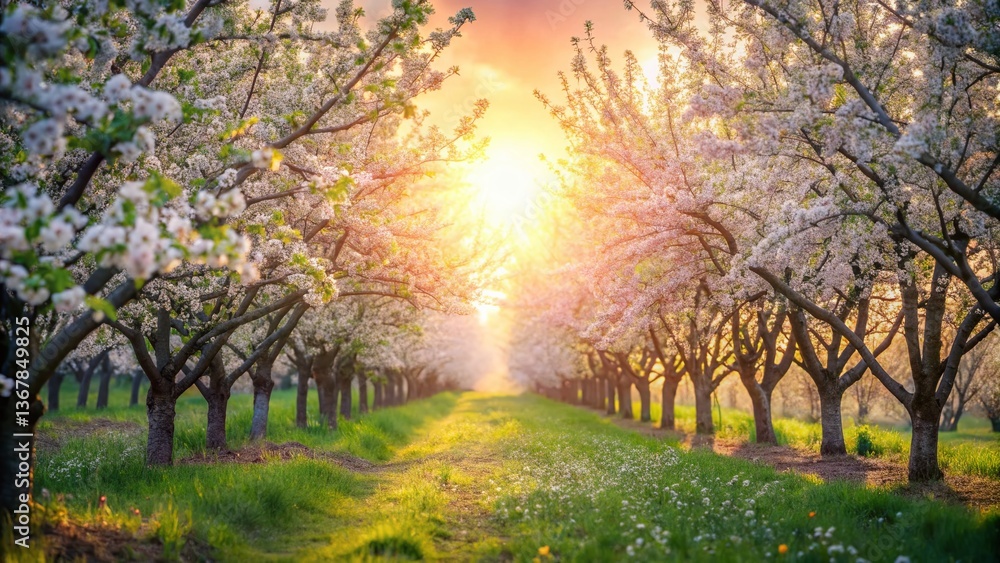 Naklejka premium Minimalist Spring Orchard: Rows of Blooming Apple Trees