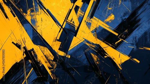 Chaotic digital background, jagged sharp lines, deep blues, bright yellows. Clashing colors, geometric patterns, edgy neobrutalist aesthetic. High contrast, bold style, graphic wallpaper, ad.