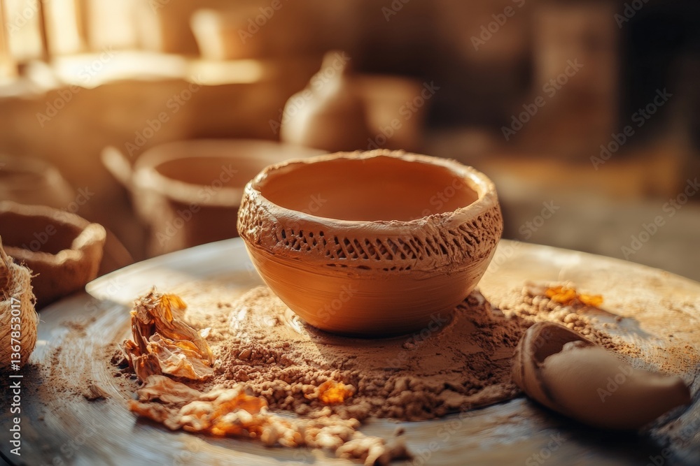 Fototapeta premium Mastering the pottery wheel with a freshly formed clay bowl Generative AI