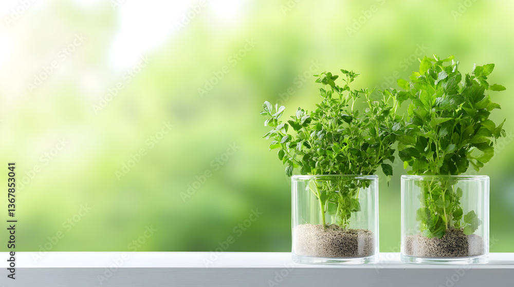 Fresh herbs growing in transparent glass containers perfect for interior design content, herbal lifestyle visuals or kitchen product ads. Selective focus Fresh herbs growing in transparent glass containers perfect for interior design content, herbal lifestyle visuals or kitchen product ads. Selective focus