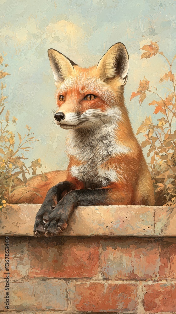 Fototapeta premium Graceful urban fox resting in a lush garden blending with nature amidst the concrete jungle of city life