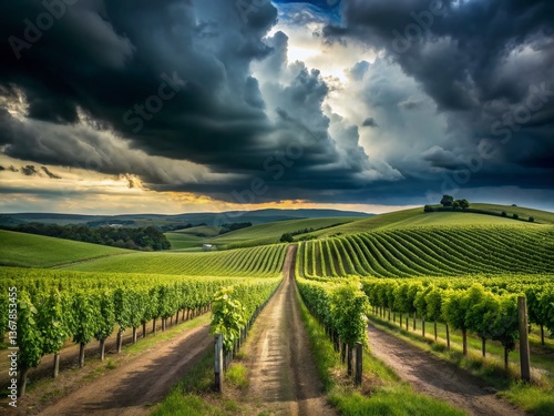 Wallpaper Mural Minimalist Vineyard Landscape Before Storm: Dramatic Sky, Rolling Hills Torontodigital.ca
