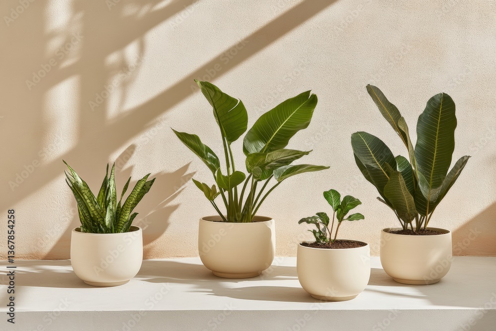 Fototapeta premium Ceramic planters lined up with lush greenery in neutral tones Generative AI