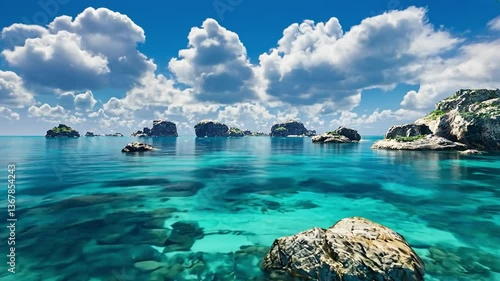 Tranquil Tropical Seascape with Clear Water and Rocky Outcrops Under Blue Skies and Fluffy Clouds