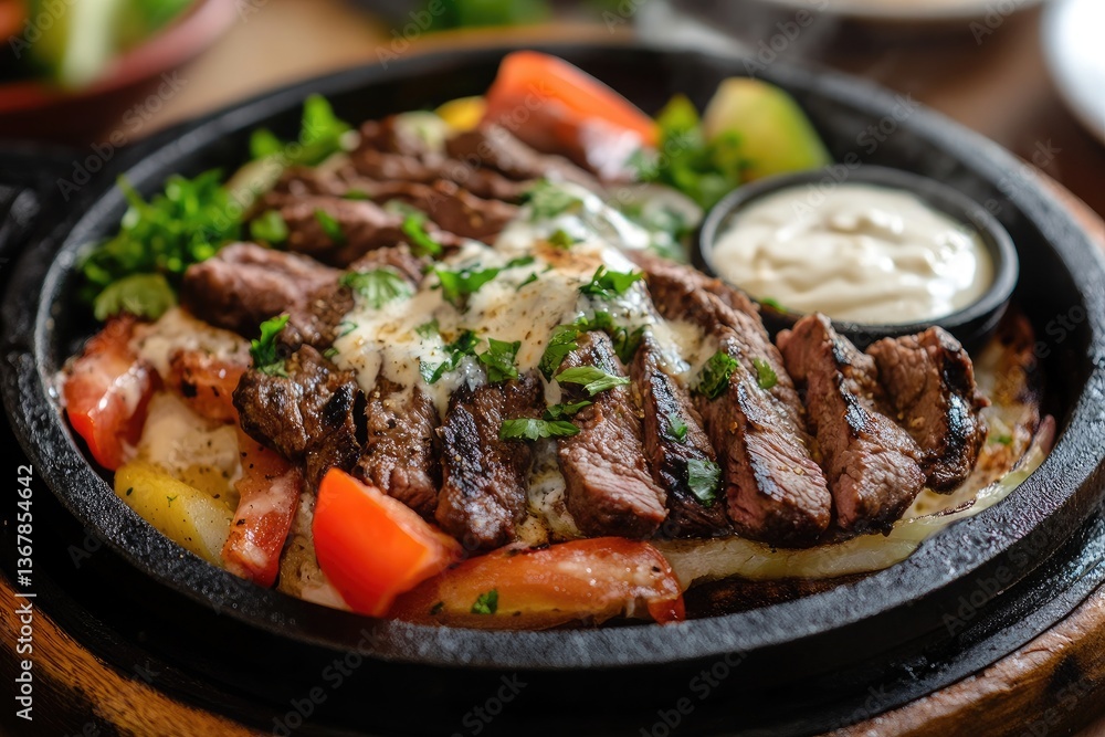 A sizzling plate of shawarma with tender beef and garlic sauce A sizzling plate of shawarma with tender beef and garlic sauce