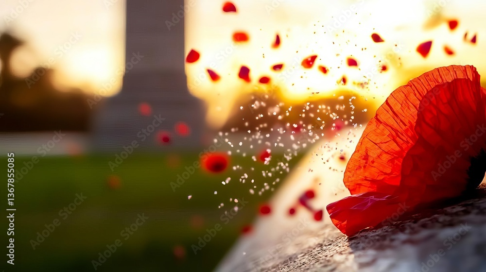 Fototapeta premium Memorial Day Remembrance USA Family Vibrant petals falling in soft sunset light.