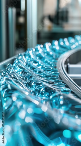 Close-up view of a conveyor belt transporting blue glass bottles in a factory setting during daylight hours
