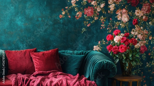 Beautiful living room showcasing a sofa with flower arrangement and wallpaper
