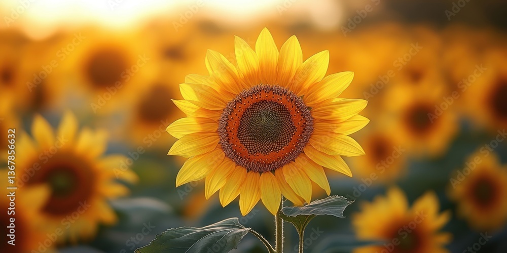 Fototapeta premium Sunflower Field at Sunset: A vibrant sunflower in full bloom stands proudly against a backdrop of a vast field, kissed by the warm hues of a setting sun, showcasing nature's beauty.