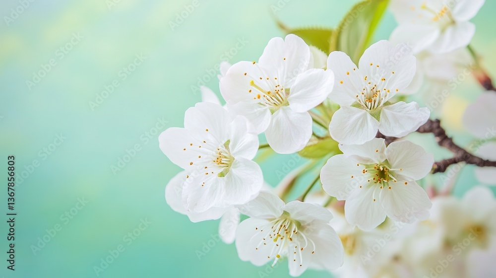 Obraz premium Close-up of delicate white cherry blossoms on a soft green background, with space for text or images, is the perfect design for cards, invitations, wallpapers, banners, posters, social media posts.