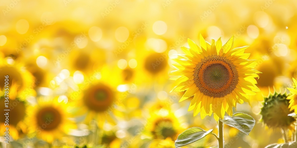 Fototapeta premium Golden Sunflower Field: A breathtaking landscape of sunflowers in full bloom, their vibrant yellow petals catching the sunlight, creating a mesmerizing display of natural beauty.