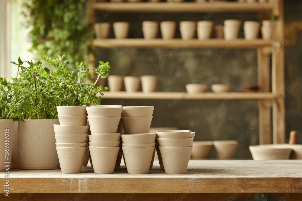 Fototapeta premium Stack of unglazed clay cups arranged on a workbench with plants nearby Generative AI