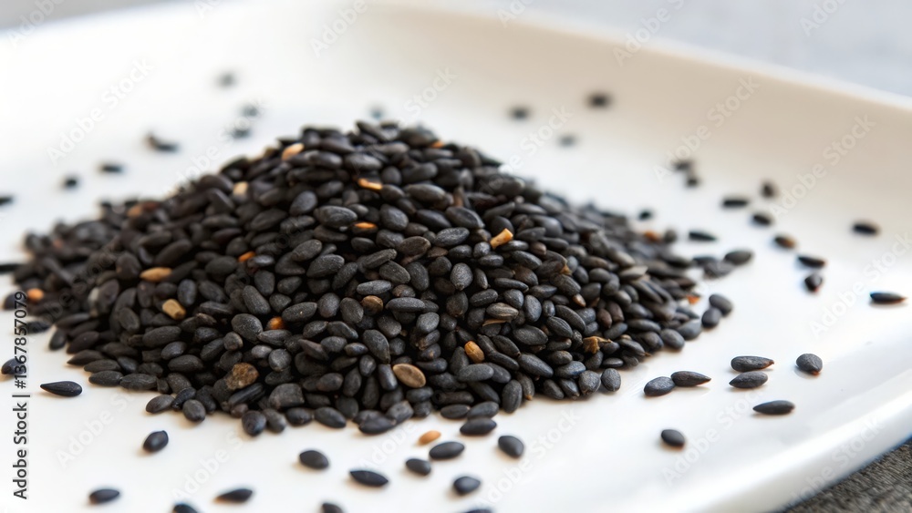 Pile of Black Sesame Seeds on White Plate - Healthy Superfood
Pile of Black Sesame Seeds on White Plate - Healthy Superfood