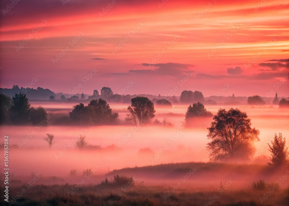 Fototapeta premium Misty Dawn: Red Sky Haze Landscape Photography - Atmospheric Stock Image