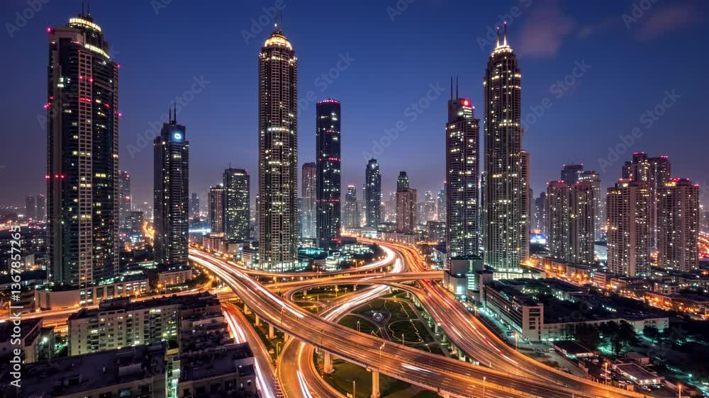 Dubai skyline at night with light trails from traffic Dubai skyline at night with light trails from traffic