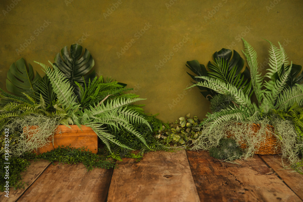 Fototapeta premium Jungle theme decoration background for anniversary and smash the cake photo shootings. 