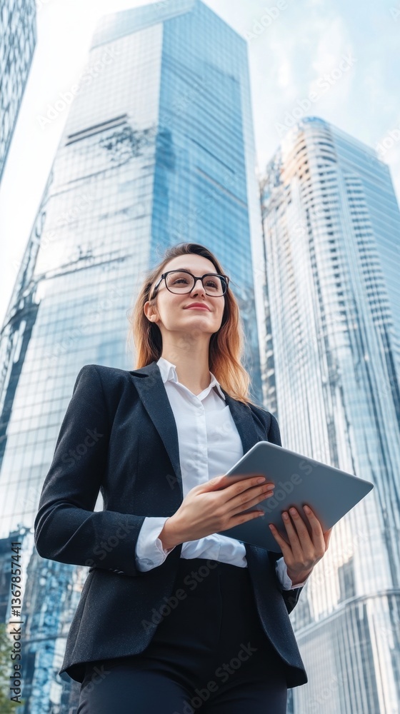 Fototapeta premium Confident Businesswoman Holding Tablet in a Modern Cityscape