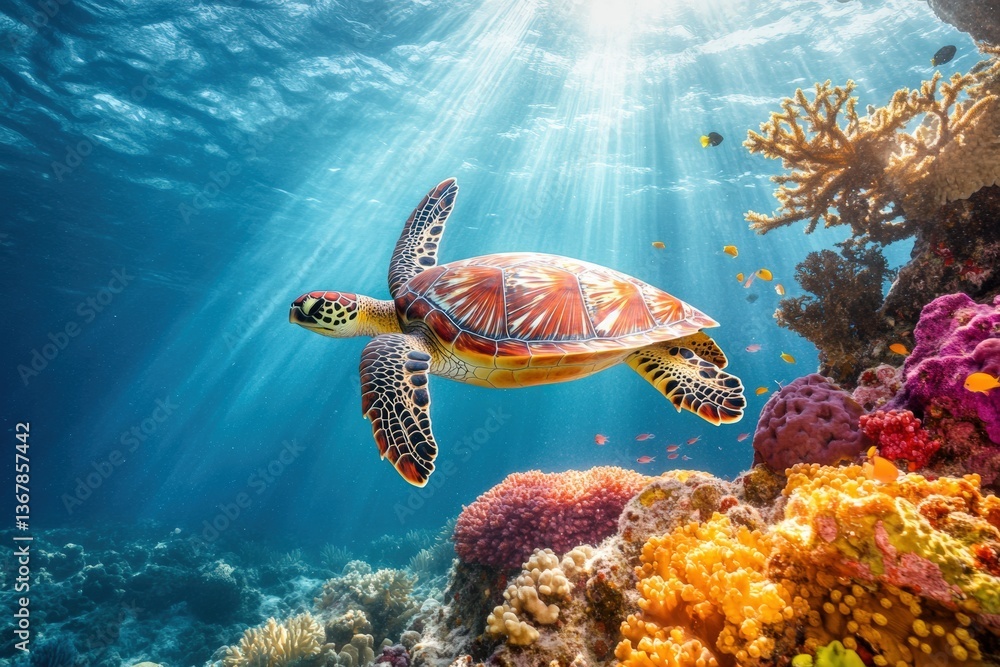 Fototapeta premium Sea turtle gliding through vibrant coral reef in clear ocean waters Generative AI