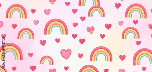 Seamless pattern of charming rainbows and hearts on a pastel background, ideal for crafting projects, cheerful, lovely