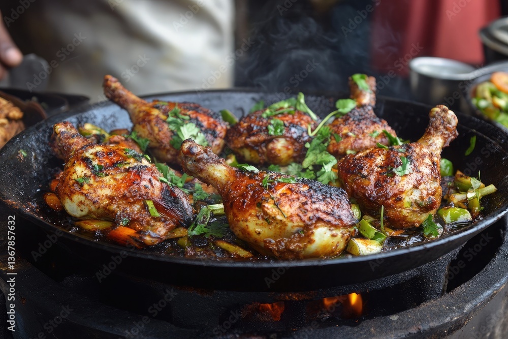 A sizzling platter of grilled quails with harissa spice A sizzling platter of grilled quails with harissa spice