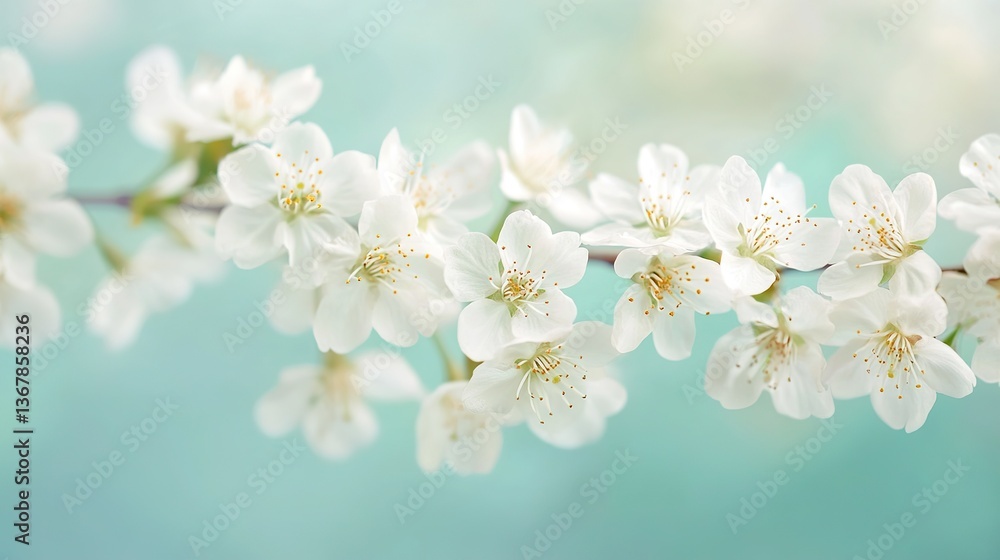 Fototapeta premium Close-up of delicate white cherry blossoms on a soft green background, with space for text or images, is the perfect design for cards, invitations, wallpapers, banners, posters, social media posts.