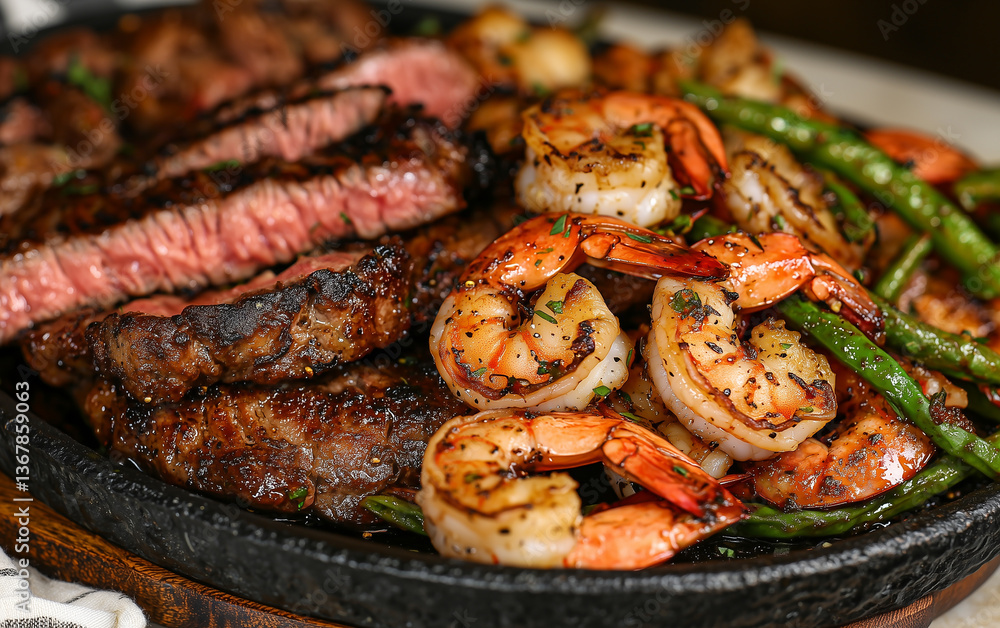 Grilled Steak and Shrimp Surf and Turf with Green Beans on a Platter Grilled Steak and Shrimp Surf and Turf with Green Beans on a Platter