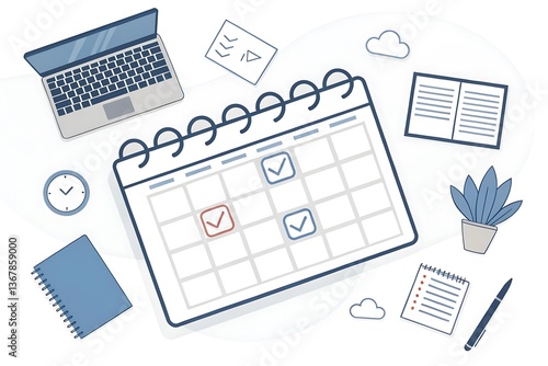 Wallpaper Mural Productivity and Time Management, Calendar with Checked Tasks, Planning, Scheduling, Work Organization, and Office Supplies Illustration Torontodigital.ca