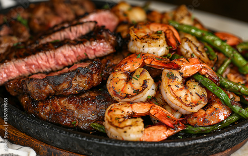 Grilled Steak and Shrimp Surf and Turf with Green Beans on a Platter