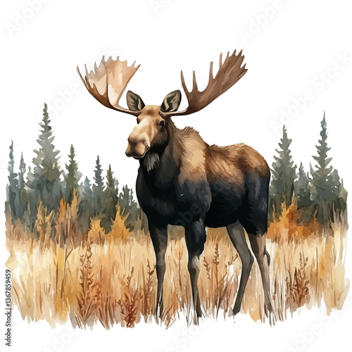 A watercolor painting of a moose, isolated on a white background. Moose vector.

