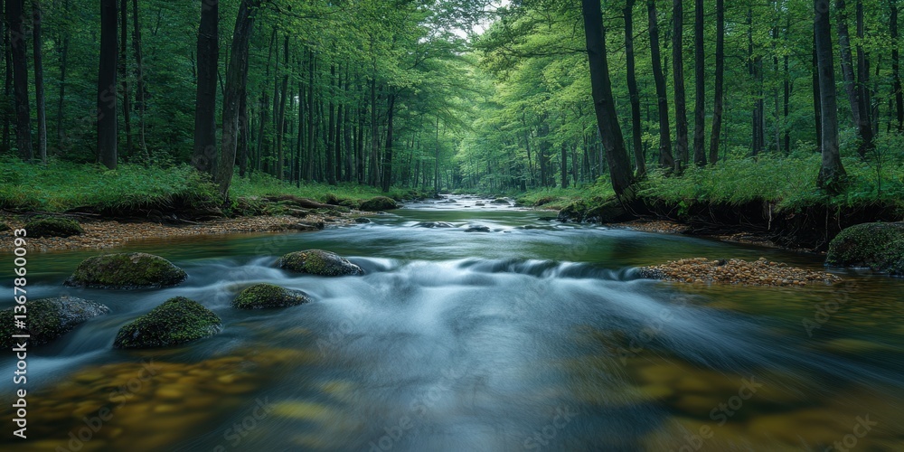 Flowing River in Lush Forest: Capturing the tranquil essence of nature, a pristine river winds its way through a dense, vibrant forest. The cool, flowing water reflects the canopy above. Flowing River in Lush Forest: Capturing the tranquil essence of nature, a pristine river winds its way through a dense, vibrant forest. The cool, flowing water reflects the canopy above.