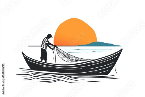 Minimalist Fisherman Silhouette Logo Sunset Sea Fishing Boat Design