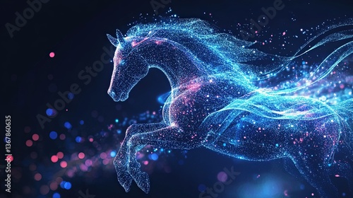 Glowing horse galloping in a starry blue background  