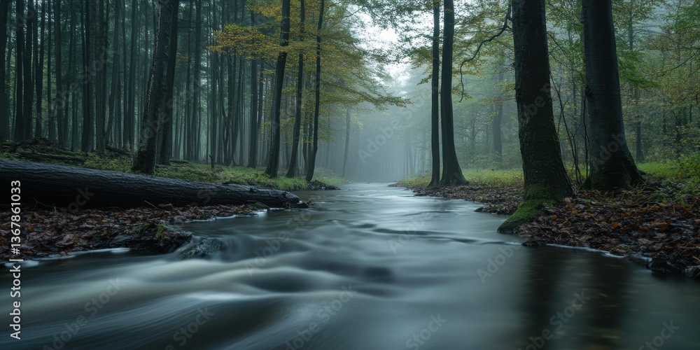Fototapeta premium Mystical Stream: A serene and captivating image of a stream meanders through a tranquil forest, with the atmospheric mist and trees on each bank, creating an immersive natural environment.