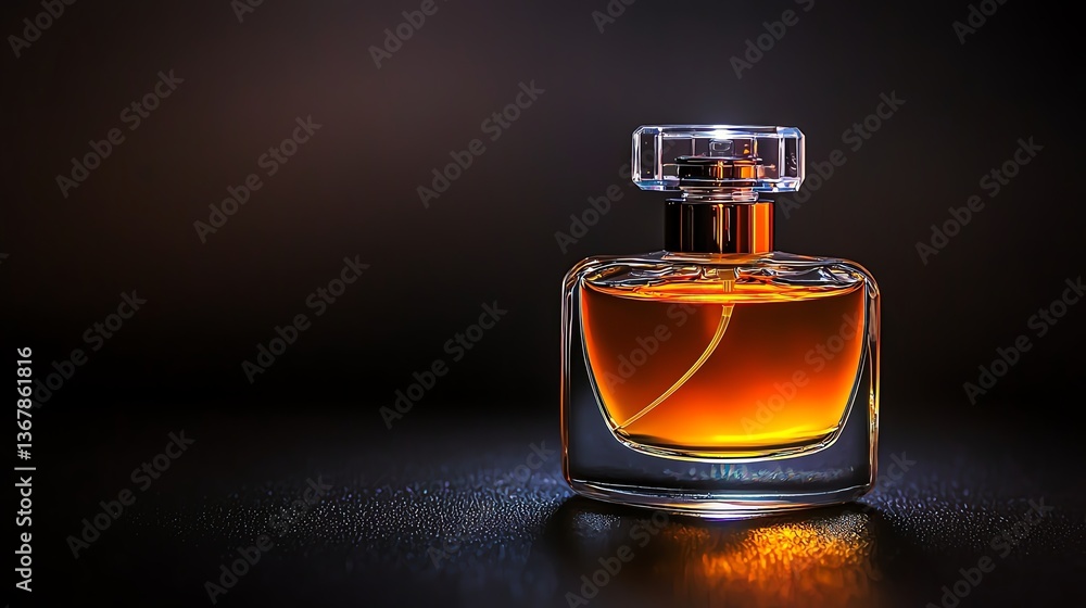 elegant perfume bottle, natural softbox simulation, on glossy black surface, modern and sleek, realistic style, black background elegant perfume bottle, natural softbox simulation, on glossy black surface, modern and sleek, realistic style, black background