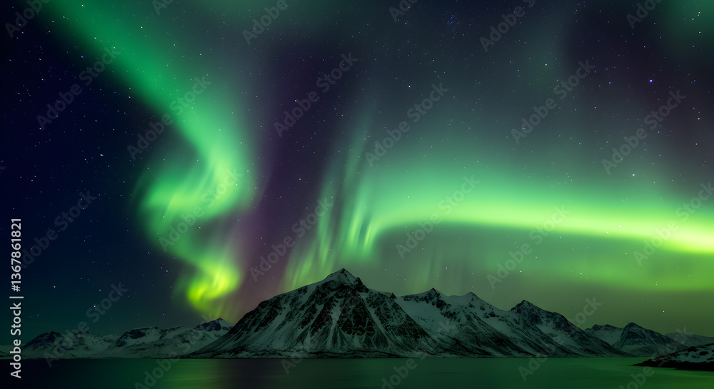 Obraz premium Spectacular aurora borealis dancing above snow capped peaks in Norway
